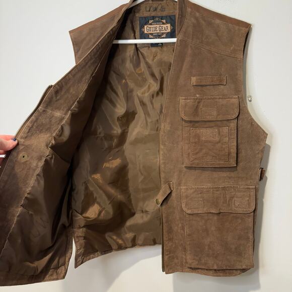 Vtg Guide Gear Brown Suede Leather Hunting Fishing Vest Utility Button Large EUC - Picture 2 of 7